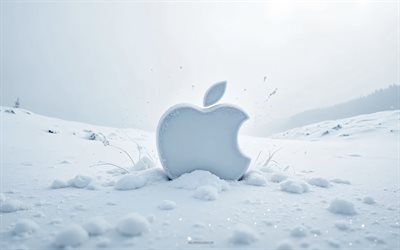 apple logo lumesta, 4k, talvinen maisema, apple merkki, applen tunnus, applen logo, applen 3d logo, omena, talvi