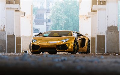 lamborghini aventador, roadster, 2015, cor de ouro, supercarro, carro esportivo