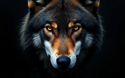 la mirada del depredador, 4k, ojos de lobo, lobo, depredador, cara de lobo, fondo negro, mirada de lobo, animales salvajes, lobo en la oscuridad, hocico de lobo