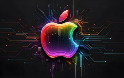 apple 3d logo, 4k, grauer high tech hintergrund, mikroschaltungen, dirigenten, elektronikmarken, abstraktes apple logo, marken, buntes apple logo, kunstwerk, apple logo, apfel