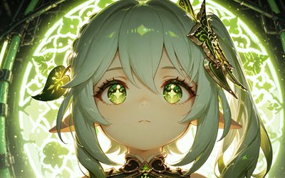 ناهدة, 4k, خلفية النيون الخضراء, الظلام, تأثير جينشين, عن قرب, عيون خضراء, بطل الرواية, مانغا, شخصيات جينشين إمباكت, عمل فني, ناهدة جينشين إمباكت