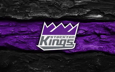 logotipo de madera de los stockton kings, 4k, fondo de madera violeta negro, liga nba g, baloncesto, logotipo de los reyes de stockton, emblema de los reyes de stockton, equipo de baloncesto americano, reyes de stockton