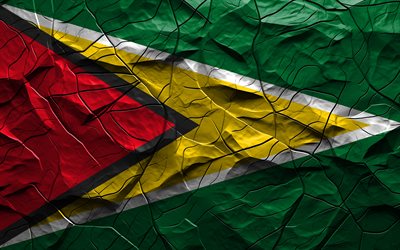 4k, Guyana flag, stone texture, flag of Guyana, North America, Guyana 3D flag, background with cracks, Guyana