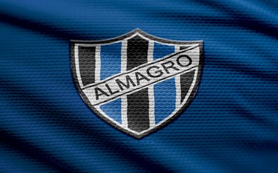 logo en tissu club almagro, 4k, fond de tissu bleu, primera nationale, bokeh, football, logo du club almagro, emblème du club almagro, club almagro, club de football argentin, almagro fc