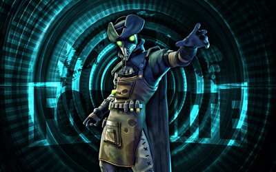 plaga fortnite, 4k, fondo espiral turquesa, fortnite, creativo, piel de plaga, piel de plaga de fortnite, plaga, personajes fortnite