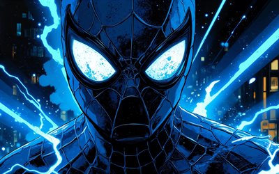 4k, Spider-Man, blue lightings, Symbiote Costume, superheroes, Marvel Comics, The Spider-Man black suit, Spider-Man art, artwork, Spider-Man 4K