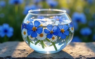 Blue Zinnia, 4k, blue flowers in a vase, spring flowers, Zinnia flower, color in water, daisies, blue spring flowers, spring decoration