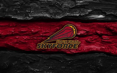 logotipo de madera de sioux falls skyforce, 4k, fondo de madera rojo negro, liga nba g, baloncesto, logotipo de sioux falls skyforce, emblema de sioux falls skyforce, equipo de baloncesto americano, sioux falls skyforce