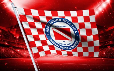 4k, argentinos juniors logosu, arjantin futbol kulübü, stadyum bayrağı, argentinos juniors taraftar bayrağı, kırmızı beyaz bayrak, argentinos juniors amblemi, arjantin primera ligi, arjantin, futbol, arjantinli gençler