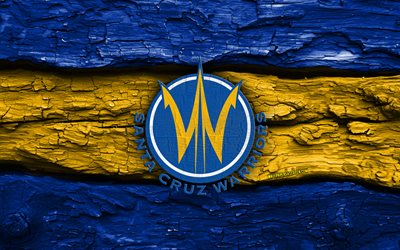 logotipo de madera de los guerreros de santa cruz, 4k, fondo de madera amarillo azul, liga nba g, baloncesto, logotipo de los guerreros de santa cruz, emblema de los guerreros de santa cruz, equipo de baloncesto americano, guerreros de santa cruz