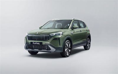 skoda kushaq, 4k, croisements, 2026 voitures, studio, in spec, skoda kushaq verte, extérieur, skoda kushaq 2026, voitures tchèques, skoda