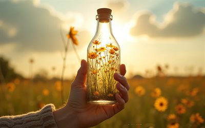 الربيع في متناول اليد, زهور صفراء داخل قنينة زجاجية, طمس, زهور صفراء, المناظر الطبيعية الربيعية, مفاهيم الربيع, منظر الربيع داخل الزجاجات, ربيع, مساء, غروب