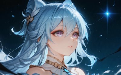 mualani, 4k, estrellas azules, noche, impacto de genshin, manga, personajes de anime, personajes de impacto de genshin, impacto de mualani genshin