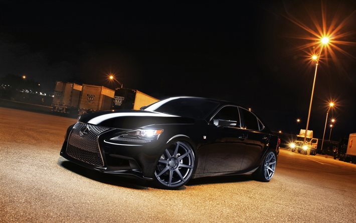 la noche, sedanes, 2015, Lexus IS250, aparcamiento, negro Lexus