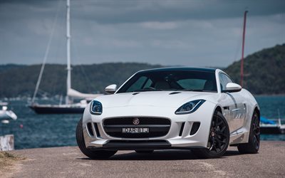 Jaguar, F-Type, 2016, new cars, white, coupe, coast, yacht