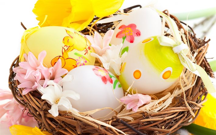 Easter, basket, flowers, eggs