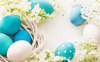 Bleu des oeufs de Pâques, Pâques, le décors, les œufs, le ruban