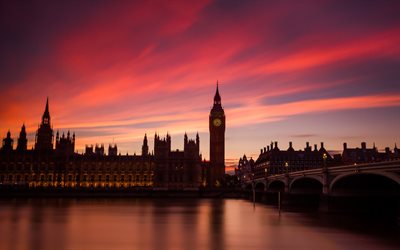 por la noche, Londres, Río Támesis, Inglaterra, puesta de sol, el Big Ben