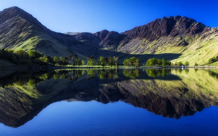 Buttermere Lago, reflexión, montañas, Inglaterra, reino unido