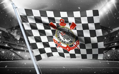 4k, logo corinthians, club di calcio brasiliano, flag di stadio, i fan di corinthians bandiera, bandiera nera bianca, emblema di corinzi, serie brasiliana a, brasile, calcio, corinzi, sport club corinthians paulista