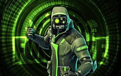 कट्टरपंथी, 4k, हरी सर्पिल पृष्ठभूमि, fortnite, रचनात्मक, कट्टरपंथी त्वचा, fortnite archetype स्किन, मूलरूप आदर्श, फोर्टनाइट वर्ण