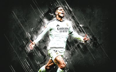 jude bellingham, real madrid, joueur de football anglais, fond de pierre blanche, grunge, la liga, espagne, football, bellingham real madrid