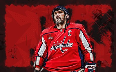 4k, Alexander Ovechkin, red grunge background, Washington Capitals, NHL, Russian hockey players, Alexander Ovechkin 4K, hockey, Alex Ovechkin, National Hockey League, Alex Ovechkin Washington Capitals