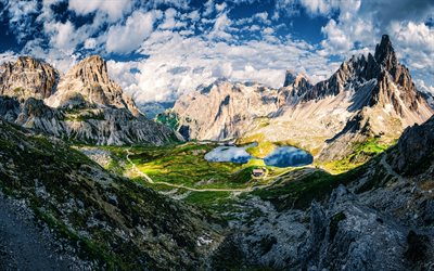 dolomite, 4k, punti di riferimento italiani, laghi, montagne, bella natura, italia, alpi, estate, europa, catene montuose, hdr