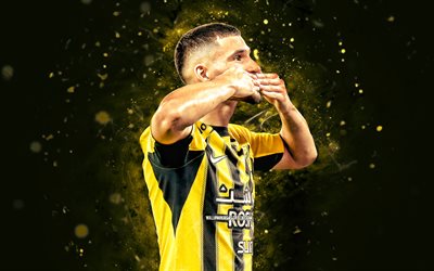 houssem aouar, 4k, gelbe neonlichter, al ittihad club, saudische professionelle liga, französische fußballer, houssem aouar 4k, fußball, al ittihad fc, houssem aouar al idihad
