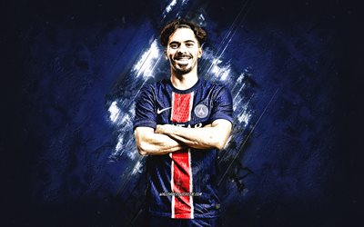 vitinha, psg, portugiesischer fußballspieler, blauer steinhintergrund, grunge  kunst, paris saint germain, vitor machado ferreira, ligue 1, frankreich, fußball