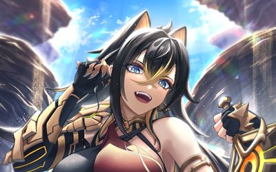 dehya, 4k, sabbia, impatto di genshin, occhio blu, personaggi anime, opera d'arte, personaggi di genshin impact, battaglia, dehya genshin impact