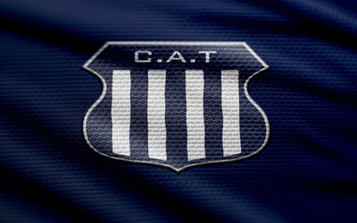 ca talleres fabric logo, 4k, blå tygbakgrund, argentina primera division, bokhög, fotboll, ca talleres  logotyp, ca talleres emblem, ca talleres, argentinsk fotbollsklubb, talleres fc