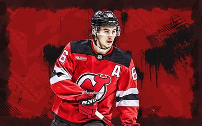 4k, jack hughes, roter grunge  hintergrund, new jersey devils, nhl, amerikanische hockeyspieler, jack hughes 4k, eishockey, national hockey league, jack hughes new jersey devils