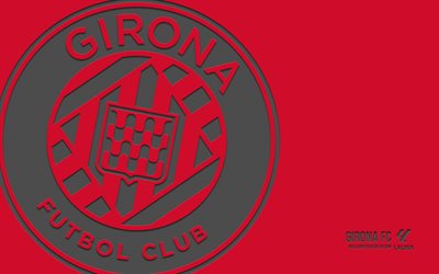 girona fc  logotyp, 4k, röd bakgrund, kolkonst, girona fc emblem, spansk fotbollsklubb, la liga, spanien, girona fc, fotboll, girona