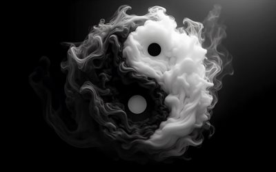 yin und yang, 4k, schwarzer hintergrund, yin  und yang symbol, yin und yang aus rauch, weißer rauch, schwarzer rauch, yin  und yang zeichen, yin  und yang konzepte, yin  und yang rauchzeichen, philosophie