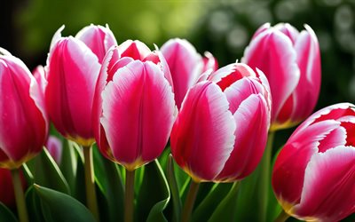 tulipes roses, 4k, gros plan, bourgeons, fleurs de printemps, bouquet de tulipes, belles fleurs, printemps, fond avec des tulipes, fleurs roses, boutons roses, tulipes