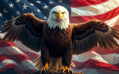 4k, águia careca, arte 3d, bandeira dos eua, aves de rapina, bokeh, símbolo dos eua, arte da águia careca, bandeira americana, 4 de julho, obra de arte, águias, eua, quatro de julho, bandeira de tecido dos eua