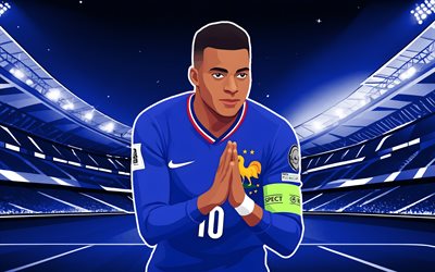 kylian mbappé, 4k, arte vectorial, celebración personal, fff, selección de fútbol de francia, futbolistas franceses, kylian mbappé 4k, fondo azul del estadio, fútbol americano, fútbol, equipos nacionales, kylian mbappé equipo de francia