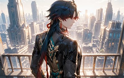 lâmina, 4k, vista traseira, paisagem urbana, trilho estrela honkai, personagens de anime, mangá, personagens honkai star rail, caçadores de stellaron, lâmina honkai star rail