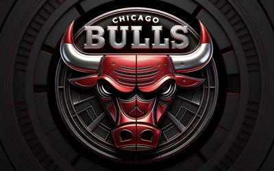 4k, logotipo metálico de los chicago bulls, fondo negro 3d, nba, baloncesto, logotipo 3d de los toros de chicago, creativo, emblema de los toros de chicago, logotipo de los toros de chicago, equipo de baloncesto americano, toros de chicago