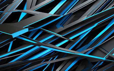 4k, fondo negro azul, diseño de materiales, texturas 3d, rayos azules, obra de arte, arte metálico, geometría, fondos abstractos, fondos geométricos, abstracciones, fondos abstractos negros
