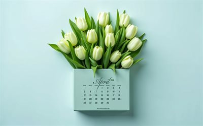 2026 April Calendar, green tulips, 2026 Calendars, April 2026 Calendar, blue background, tulips, spring 2026 calendars, April Calendar 2026, April