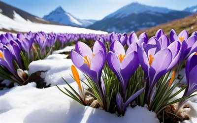 4k, meadow of crocuses, melted snow, violet crocuses, mountains, bokeh, spring flowers, awakening of nature, pictures with crocuses, spring, crocuses, beautiful flowers