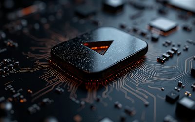 schwarzes youtube logo, 4k, schwarzes mainboard, youtube metalllogo, youtube emblem, youtube zeichen, youtube logo, schwarzer technologiehintergrund, youtube