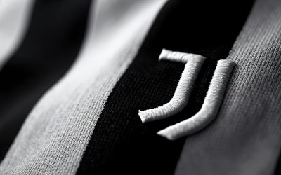 logo della juventus fc, 4k, sfondo in tessuto bianco e nero, logo juventus fc cromato, bandiera in bianco e nero, stemma della juve, segno della juventus fc, serie a, juve, lo stemma della juve, juve fc
