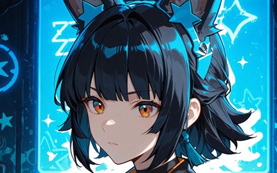 4k, Hoshimi Miyabi, blue glow, blue abstract background, Zenless Zone Zero, darkness, manga, Zenless Zone Zero charcaters, Icon Frost Frost, Icon Anomaly Anomaly, Hoshimi Miyabi Zenless Zone Zero