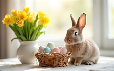 lapin de pâques, décorations de pâques, joyeuses pâques, oeufs de pâques, lapin mignon, bouquet de jonquilles, jonquilles jaunes dans un vase, concepts de pâques, pâques