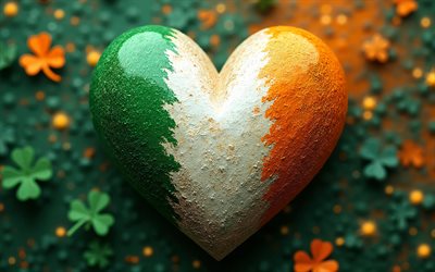 4k, amo irlanda, bokeh, fondo colorido 3d, creativo, dia de irlanda, bandera de irlanda, arte 3d, corazón con bandera irlandesa, corazones 3d, bandera irlandesa, irlanda, amor por irlanda