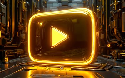 4k, YouTube golden button, gloden neon lights, bokeh, golden 3D background, digital art, YouTube glass logo, gloden glow, social network, brands, YouTube 3D logo, artwork, YouTube logo, YouTube