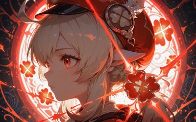 klee, 4k, porträt, genshin impact, roter abstrakter hintergrund, rote augen, rote neonringe, anime charaktere, pyro charaktere, genshin impact charaktere, klee genshin impact